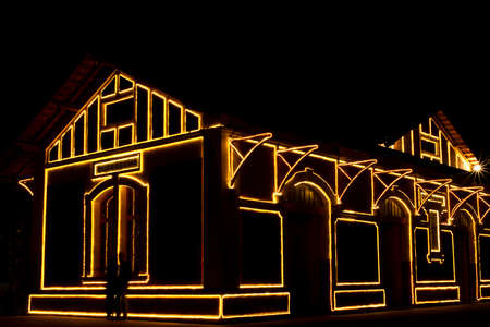Railway station with Christmas lights in Guararema interior of SÃ£o Paulo.の写真素材