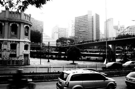 Car traffic in the north south corridor next to PraÃ§a da Bandeira, SÃ£o Paulo, Brazil.