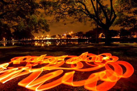 Night view of the vegetation around the lake at Parque do Ibirapuera, SÃ£o Paulo, Brazil.の写真素材