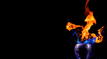 Water mixed with lighter fluid inside a golden pot throwing ice stone to cause thermal shock and cause a splash of liquid with fire on the black background.の写真素材