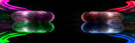 Water mixed with lighter fluid inside a golden pot throwing ice stone to cause thermal shock and cause a splash of liquid with fire on the black background.の写真素材