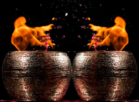 Water mixed with lighter fluid inside a golden pot throwing ice stone to cause thermal shock and cause a splash of liquid with fire on the black background.の写真素材