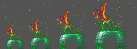 Water mixed with lighter fluid inside a golden pot throwing ice stone to cause thermal shock and cause a splash of liquid with fire on the black background.の写真素材