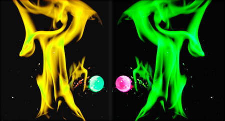 Water mixed with lighter fluid inside a golden pot throwing ice stone to cause thermal shock and cause a splash of liquid with fire on the black background.の写真素材