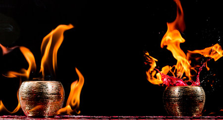 Water mixed with lighter fluid inside a golden pot throwing ice stone to cause thermal shock and cause a splash of liquid with fire on the black background.の写真素材