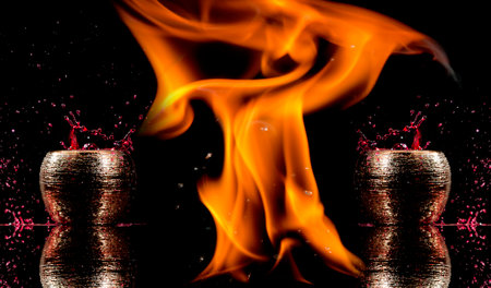 Water mixed with lighter fluid inside a golden pot throwing ice stone to cause thermal shock and cause a splash of liquid with fire on the black background.の写真素材