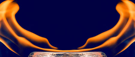 Water mixed with lighter fluid inside a golden pot throwing ice stone to cause thermal shock and...