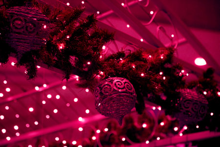 Colorful Christmas balls on Christmas Tree decorative ornaments used in Christmas party. Annual Christmas tree decoration of Avenida Paulista, Sao Paulo, Brazil.の写真素材