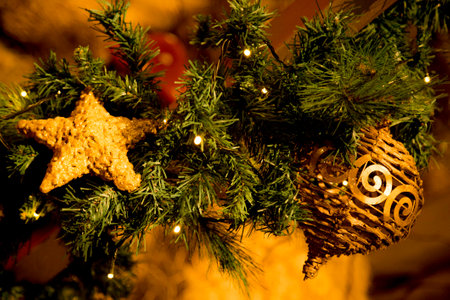 Colorful Christmas balls on Christmas Tree decorative ornaments used in Christmas party. Annual Christmas tree decoration of Avenida Paulista, Sao Paulo, Brazil.の写真素材