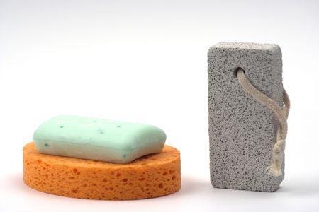 sponge,soap and pumice close upの写真素材
