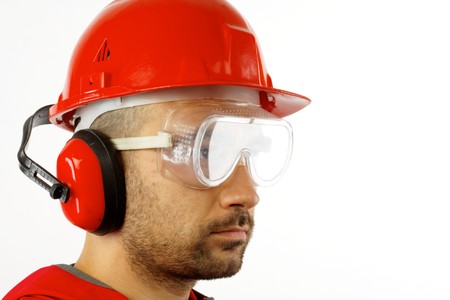 worker with red helmet over white の写真素材