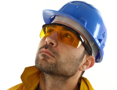 worker whit blue helmet over white background