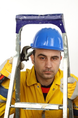 worker whit blue helmet over white background の写真素材