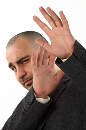 scared businessman on white background の写真素材