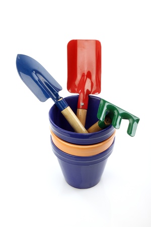 Set of gardening tools and potsの写真素材