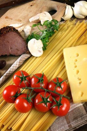 Ingredients for cooking italian pasta close upの写真素材