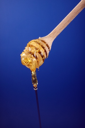 close up of a  honey dipper over blueの写真素材