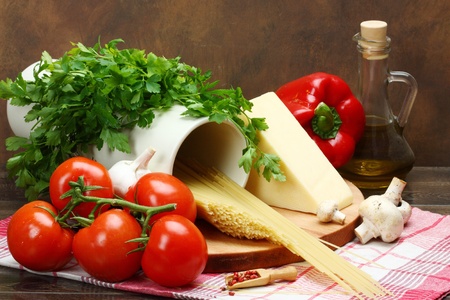 Ingredients for cooking italian pasta close upの写真素材