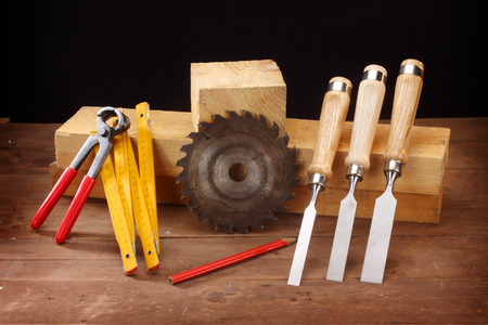 carpenter's tools on a workbench の写真素材