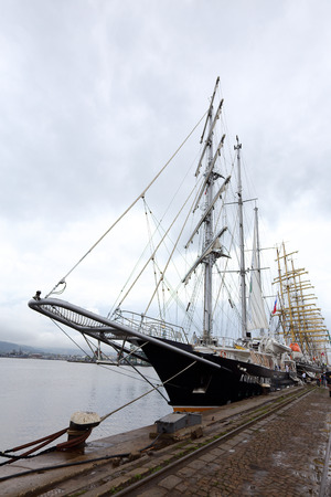 VARNA, BULGARIA-  APRIL 30 2014: SCF Black Sea Tall Ships Regatta. Barquentine "Running on waves" flying under the Maltese flagのeditorial素材