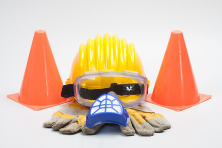 Safety gear kit close up on grey backgroundの写真素材