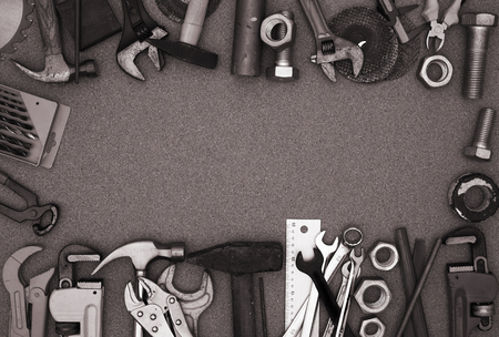 frame of different hand tools copy spaceの写真素材