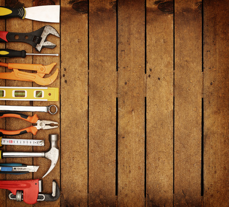 hand tools with copy space on woodの写真素材
