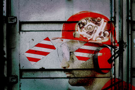 Workers head, retro portrait. Composite imageの写真素材
