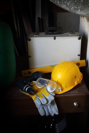 safety first yellow helmet at the work placeの写真素材