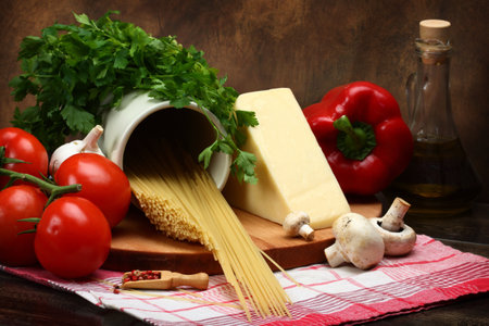 Ingredients for cooking italian pastaの写真素材
