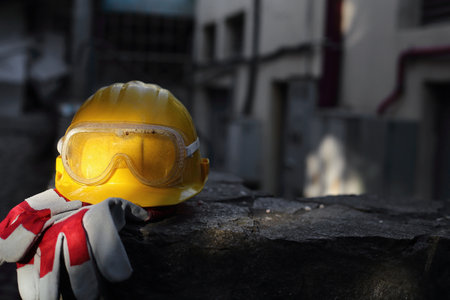 safety first yellow helmet at the work placeの写真素材