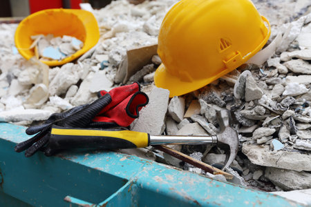 yellow helmets at work placeの写真素材
