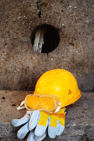 safety first yellow helmet at the work placeの写真素材