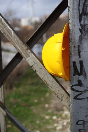 safety first yellow helmet at the work placeの写真素材
