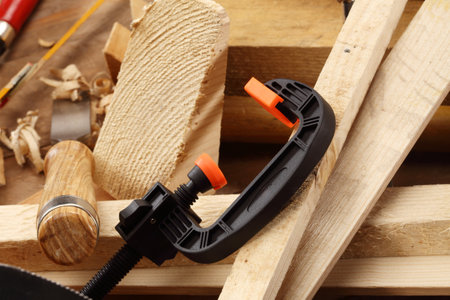 Carpenter's workplace, hand tools close-upの写真素材