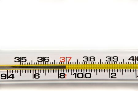 Close up of a mercury thermometer showing a normal human temperature reading. Arranged horizontally...