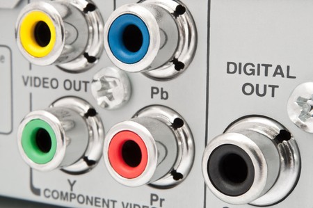 Close up of jack sockets on the rear of an electronic device.の写真素材