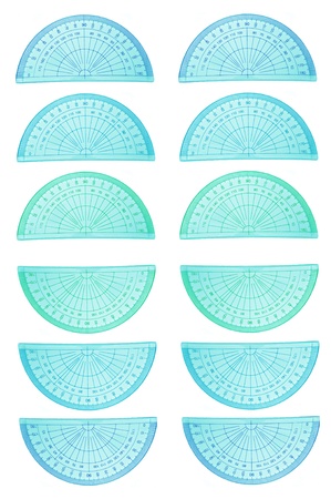 Many protractors arranged in regular pattern over white.の写真素材