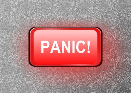 Illustration depitcting a single red electronic panic button on metalic surface.