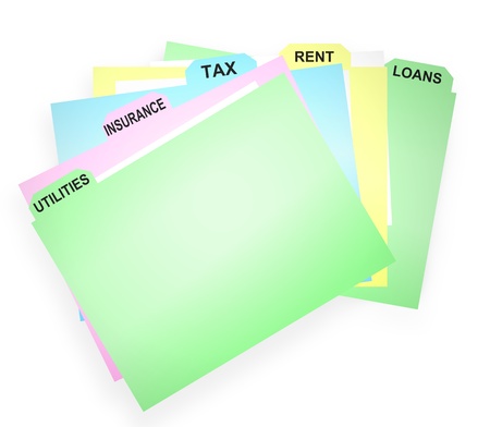 Illustration depicting several card wallet folders containing financial paperwork. White background.