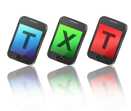 Illustration depicting three illuminated communication devices with displays spelling the abbrieviation の写真素材
