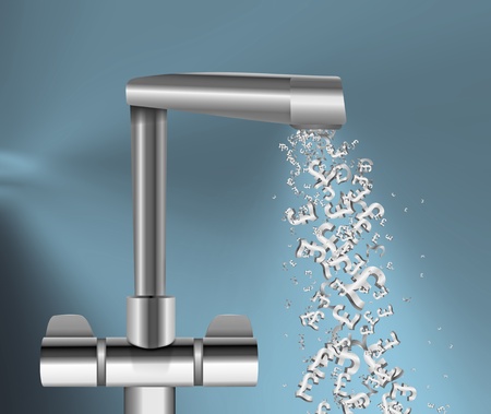 Illustration depicting a chrome water tap with metallic UK Pound Signs flowing from the spout against a blue background.の写真素材