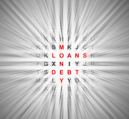 Illustration depicting a simple wordsearch puzzle with motion blur resulting in central financial...