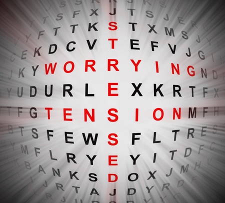 Illustration depicting a blurred abstract wordsearch with centre focus revealing stress concept words in red.の写真素材