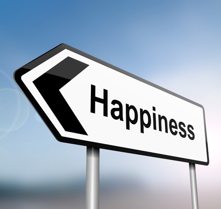 illustration depicting a sign post with directional arrow containing a happiness concept  Blurred background の写真素材