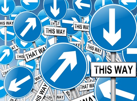 Illustration depicting a large number of directional roadsigns in a chaotic arrangement. Blue...