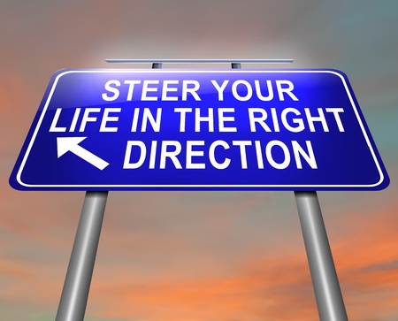 Illustration depicting an illuminated roadsign with a life direction concept  Dusk sky background 