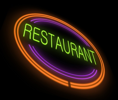 Illustration depicting an illuminated neon restaurant sign with black background.の写真素材