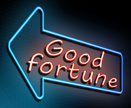 Illustration depicting an illuminated neon sign with a good fortune concept.の写真素材