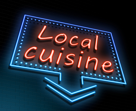 Illustration depicting an illuminated neon sign with a local cuisine concept.の写真素材